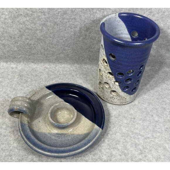 Pottery Candlestick Holder With Luminary Votive Shade Stoneware Blue Glaze 2 Pc - Picture 3 of 14